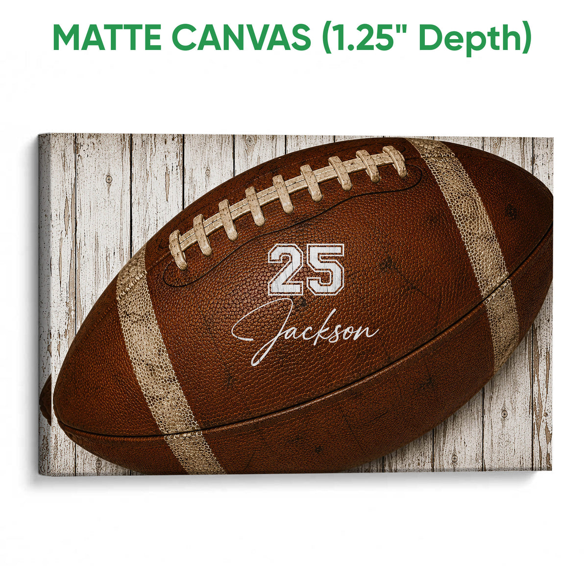 Matte canvas football wall art with a detailed brown football and rustic white wood design