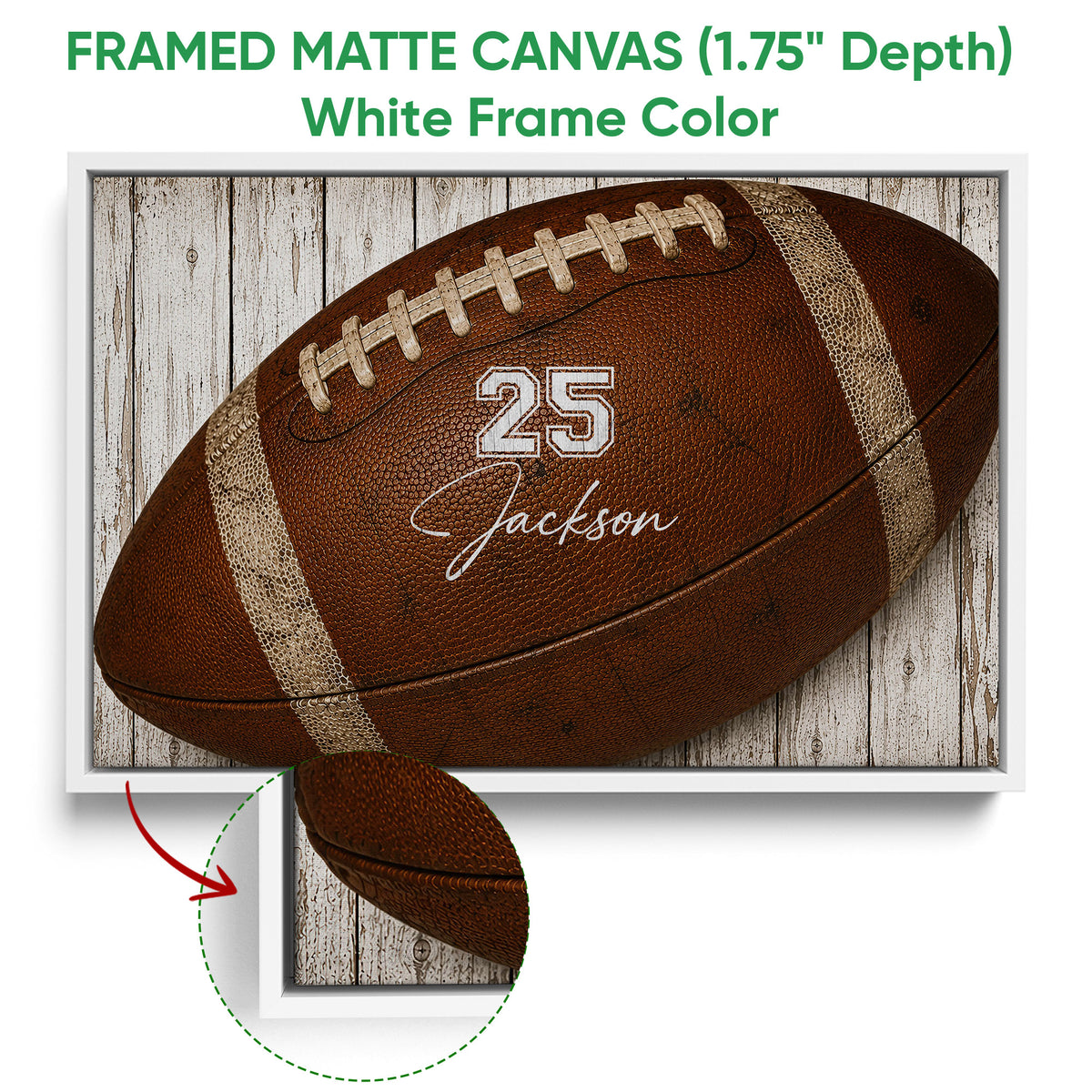 White framed football canvas wall art with a brown football and detailed frame close-up