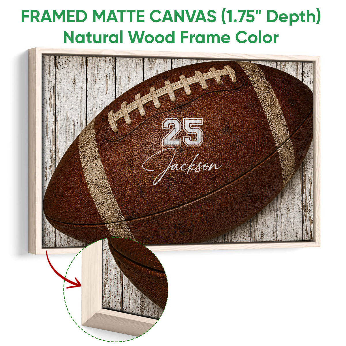 Natural wood framed football canvas wall art with a detailed brown football design