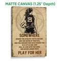 Matte canvas volleyball wall art showing a female player, sepia artwork, and inspirational sports typography