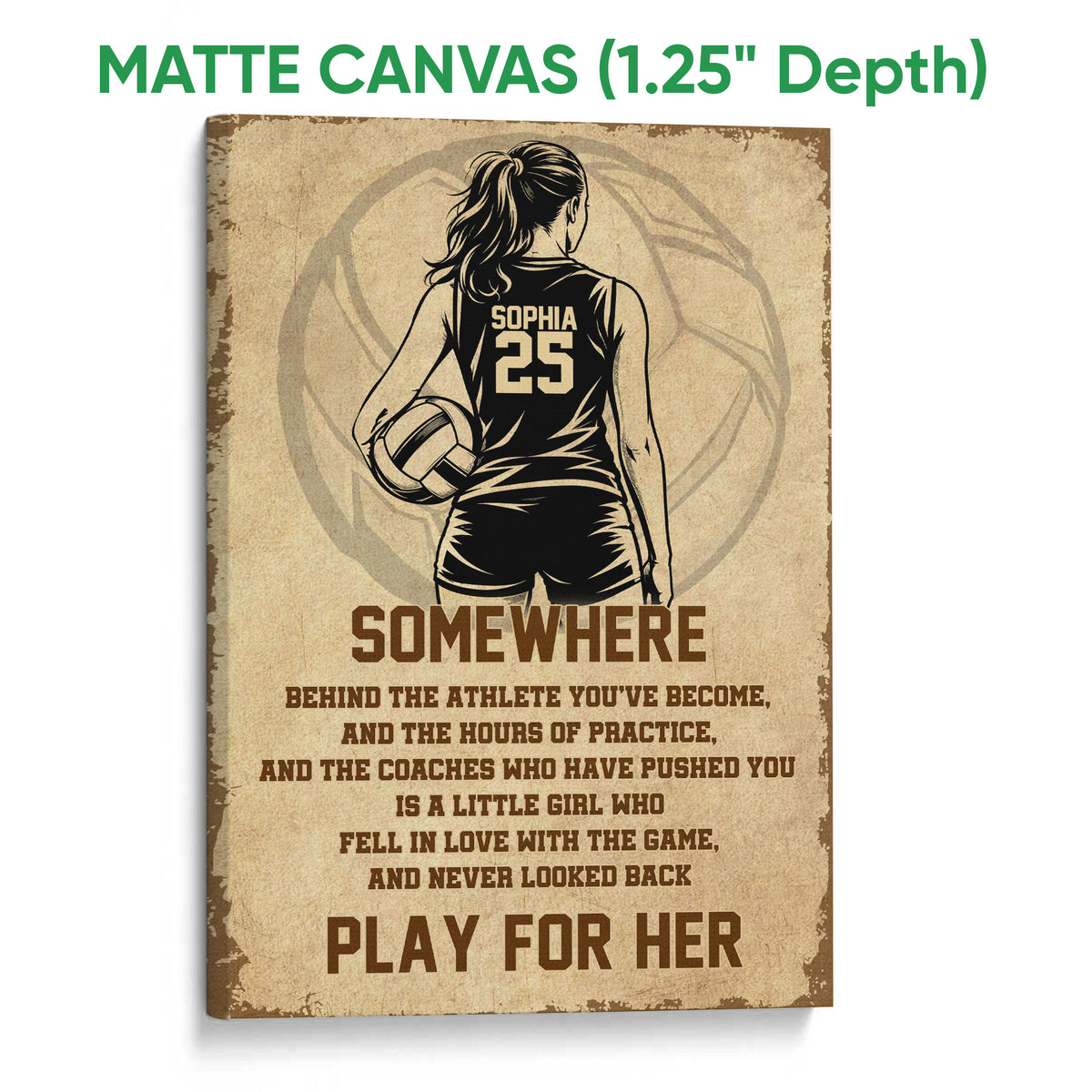 Matte canvas volleyball wall art showing a female player, sepia artwork, and inspirational sports typography