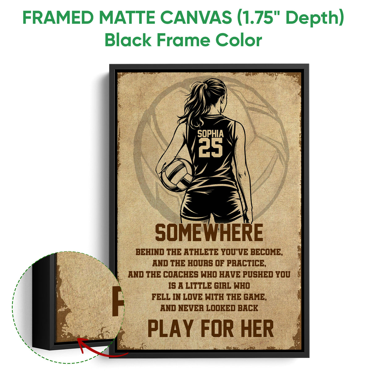 Black framed volleyball canvas wall art with vintage sepia artwork and a close-up of the frame edge