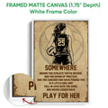 White framed volleyball canvas wall art with a female player design and close-up frame detail