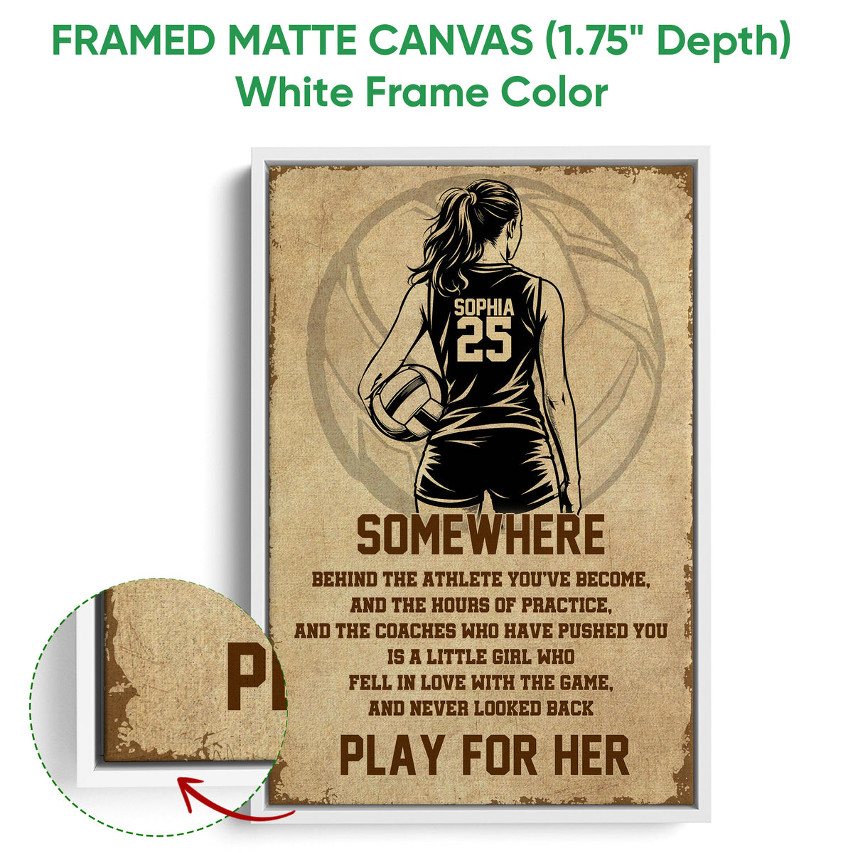 White framed volleyball canvas wall art with a female player design and close-up frame detail