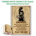 Natural wood framed volleyball canvas wall art with rustic sepia artwork and visible frame detail