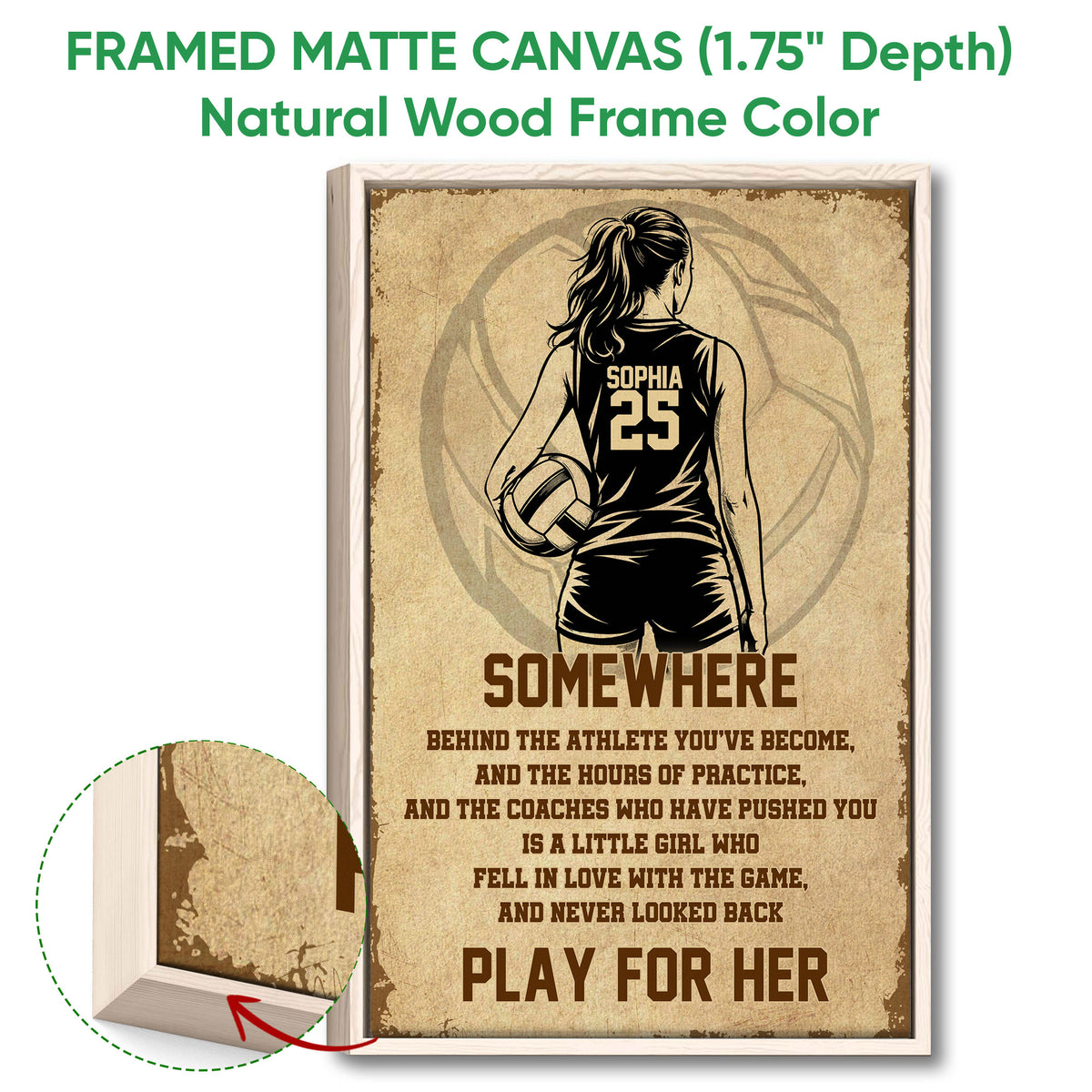 Natural wood framed volleyball canvas wall art with rustic sepia artwork and visible frame detail
