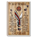 Framed firefighter wall art with a fire rescue emblem, red line hearts, and romantic message on wood background