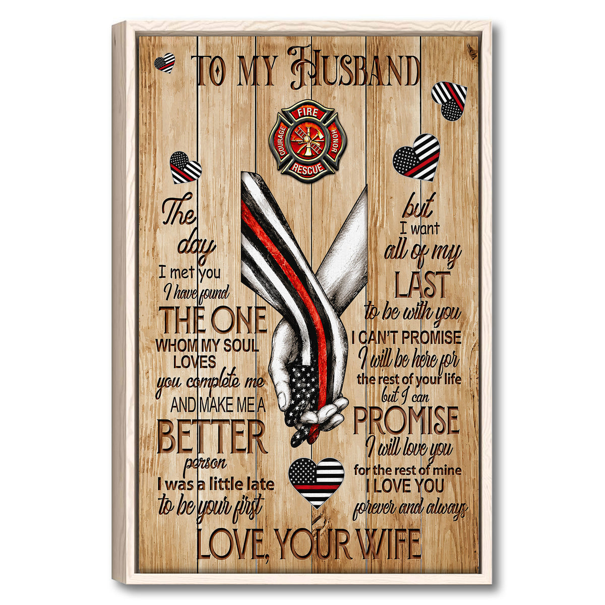 Framed firefighter wall art with a fire rescue emblem, red line hearts, and romantic message on wood background