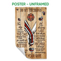 Unframed firefighter poster featuring a fire rescue emblem, red line hearts, and romantic typography