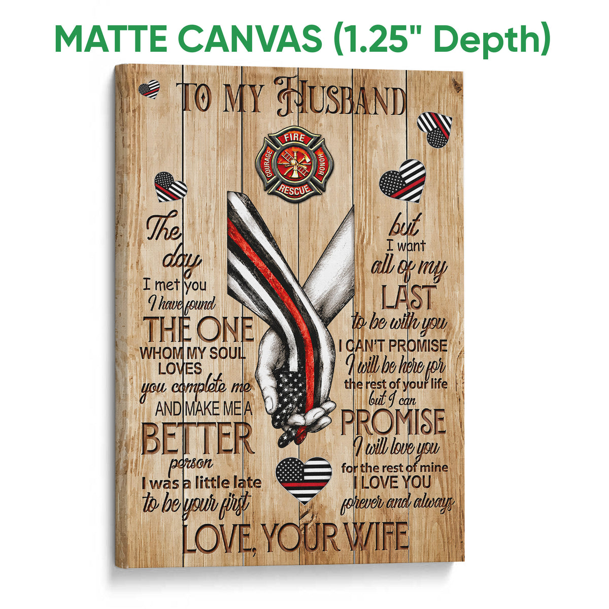 Matte canvas firefighter wall art with a fire rescue emblem, wood plank design, and red line accents