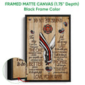Framed firefighter canvas wall art shown with a black frame and close-up of its layered edge