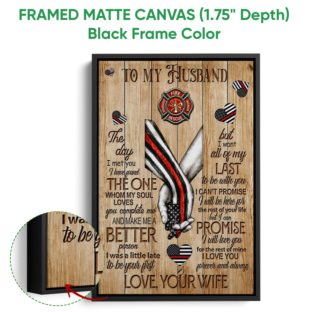 Framed firefighter canvas wall art shown with a black frame and close-up of its layered edge