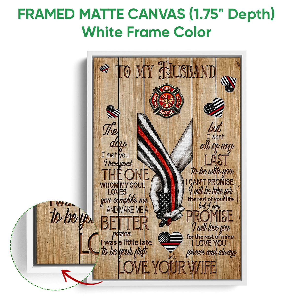 Framed firefighter canvas wall art shown with a white frame and close-up detail of the frame edge
