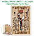 Framed firefighter wall art shown with a natural wood frame and close-up of the wood finish