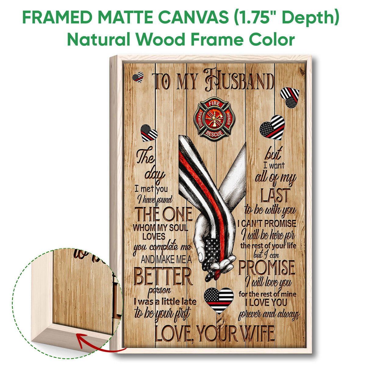 Framed firefighter wall art shown with a natural wood frame and close-up of the wood finish