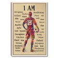 Framed soccer wall art featuring a colorful female player surrounded by empowering words