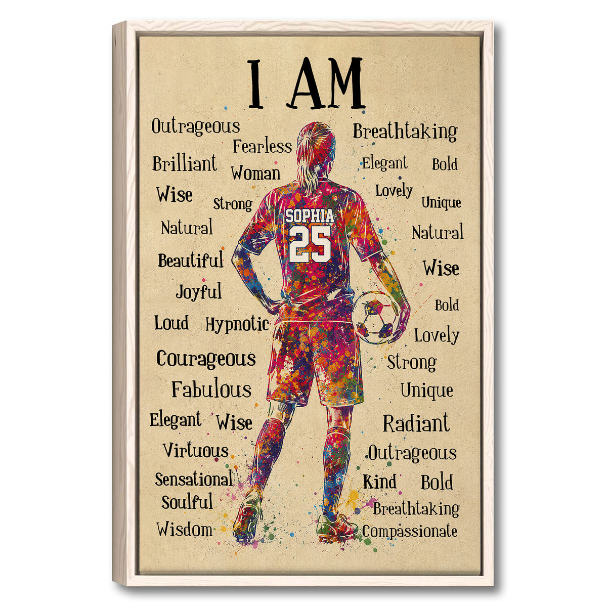 Framed soccer wall art featuring a colorful female player surrounded by empowering words