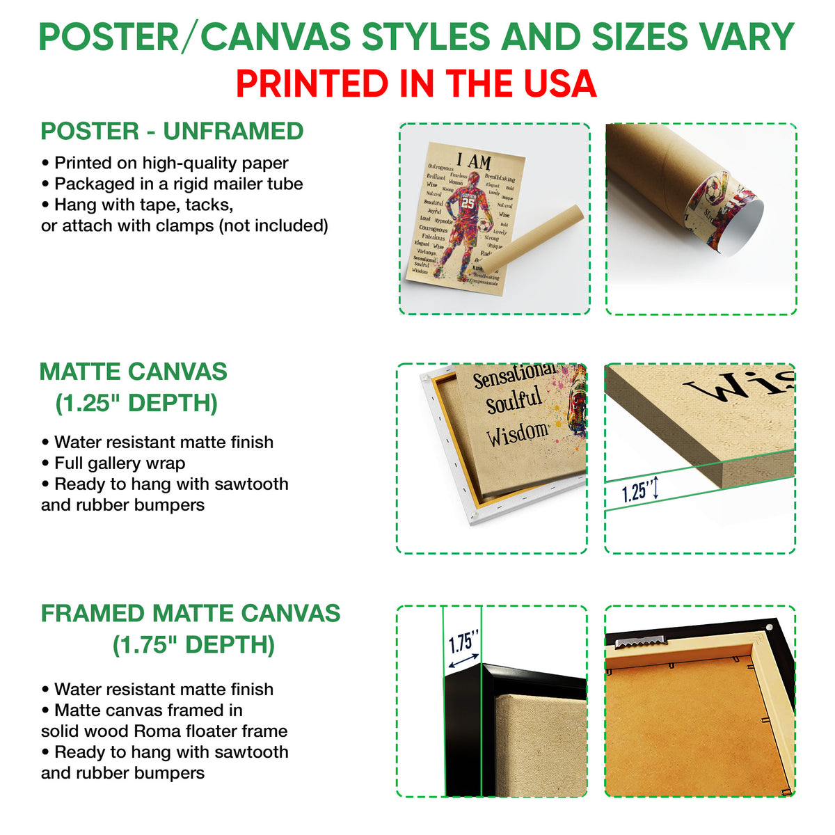 Poster and canvas wall art format guide showing soccer artwork and selectable presentation options