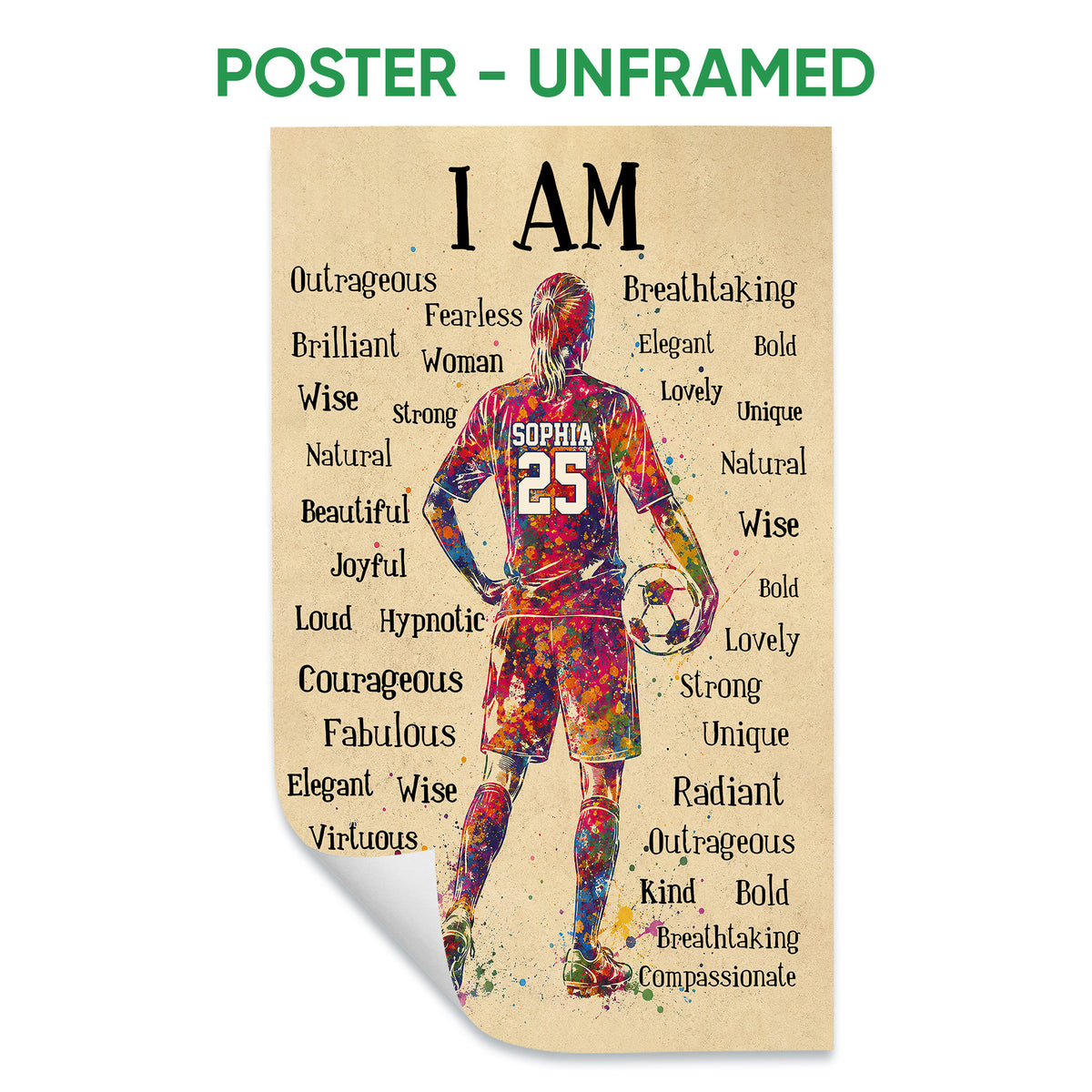 Unframed soccer poster featuring a colorful female player with a ball and inspirational words