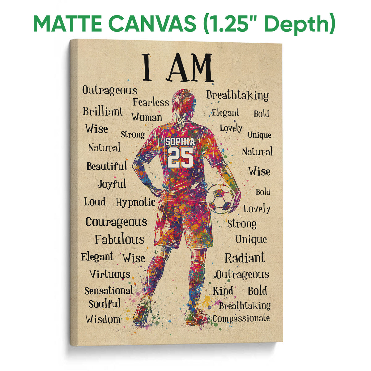 Matte canvas soccer wall art featuring a colorful player and vibrant paint-splatter artwork