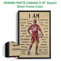 Black framed canvas soccer wall art with colorful female player artwork and close-up frame detail