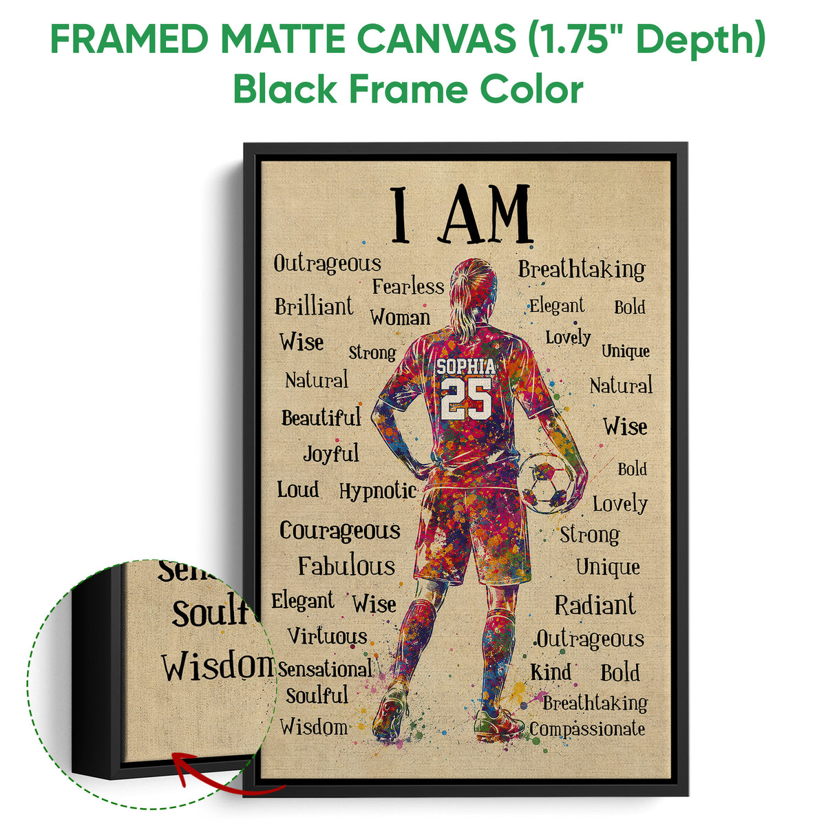 Black framed canvas soccer wall art with colorful female player artwork and close-up frame detail