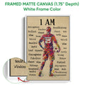 White framed canvas soccer wall art featuring colorful player artwork and close-up canvas detail