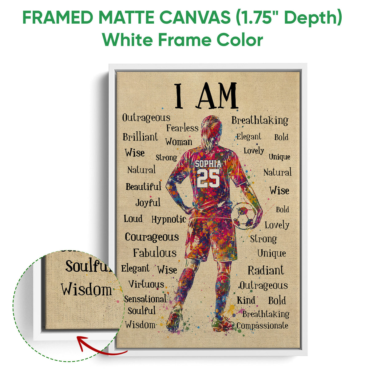 White framed canvas soccer wall art featuring colorful player artwork and close-up canvas detail