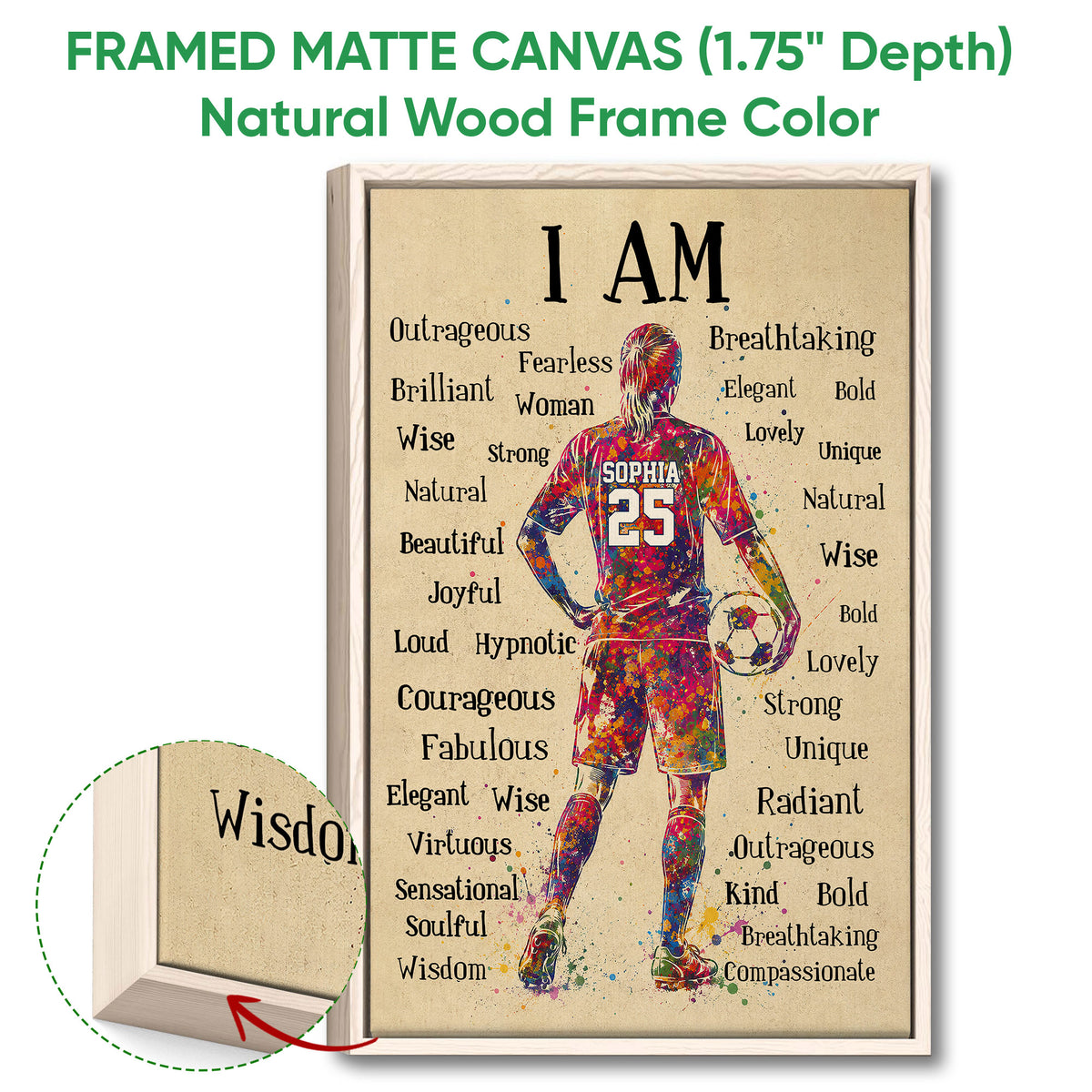 Natural wood framed soccer wall art featuring a colorful player and close-up wood frame detail