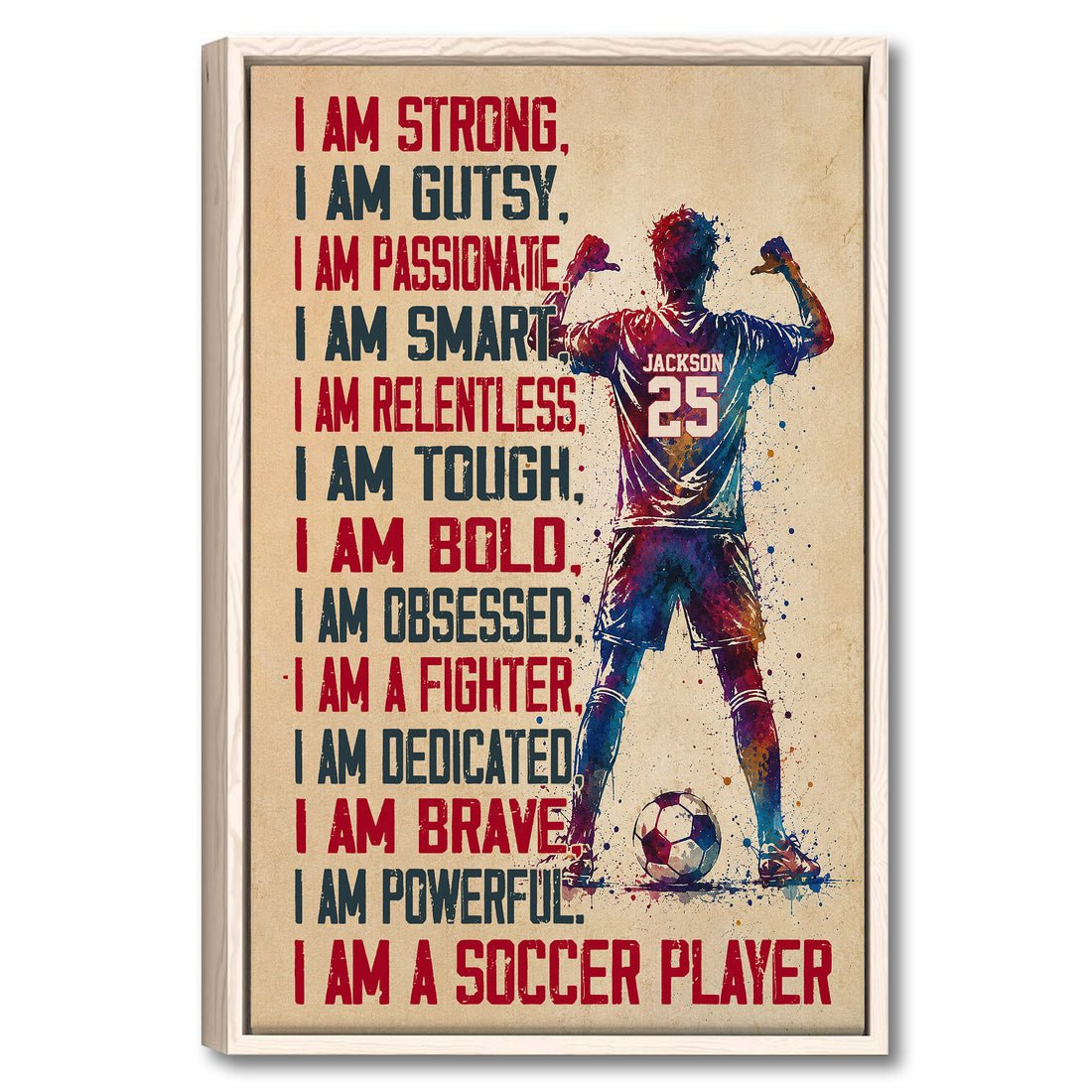 Framed soccer wall art with a colorful player silhouette, motivational typography, and a soccer ball
