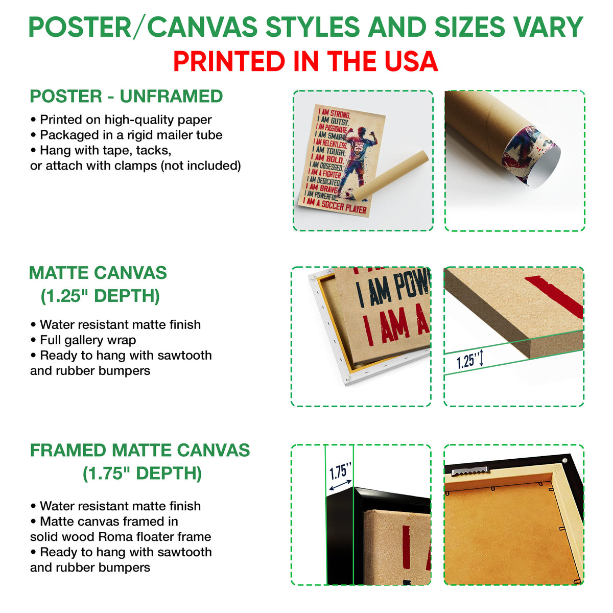 Poster and canvas wall art options guide showing soccer artwork formats and presentation details