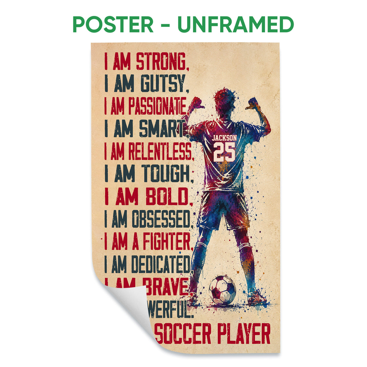 Unframed soccer poster featuring a dynamic player silhouette, soccer ball, and bold red and navy artwork