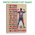 Matte canvas soccer wall art showing a colorful action silhouette and bold motivational sports design