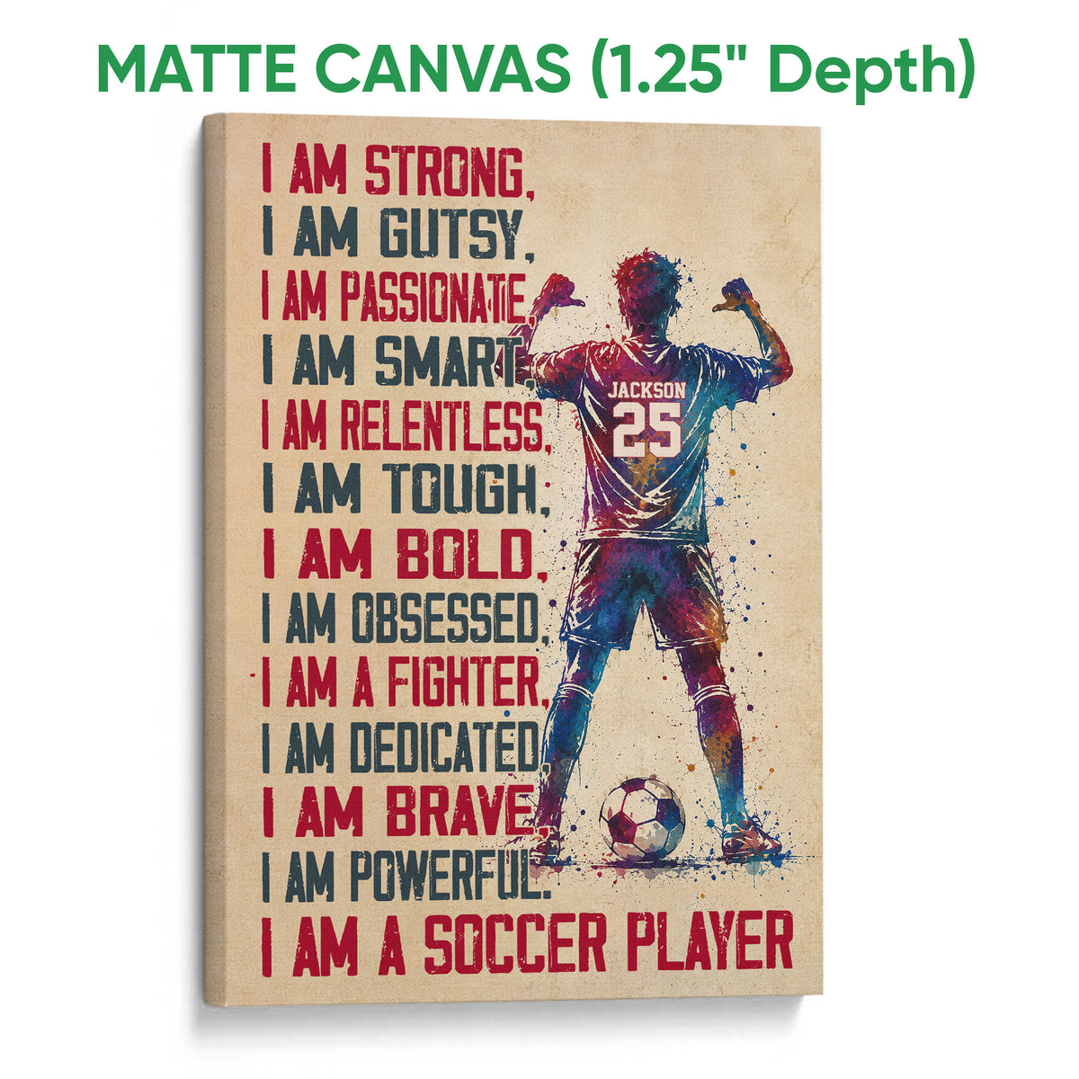 Matte canvas soccer wall art showing a colorful action silhouette and bold motivational sports design