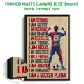 Framed matte canvas soccer wall art shown with a black frame and close-up canvas detail