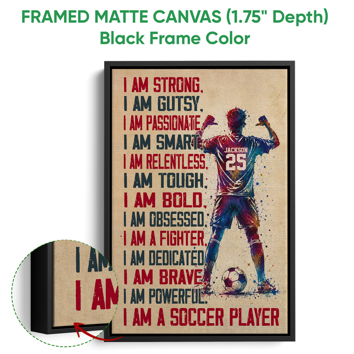 Framed matte canvas soccer wall art shown with a black frame and close-up canvas detail