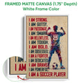 Framed matte canvas soccer wall art shown with a white frame and close-up edge detail