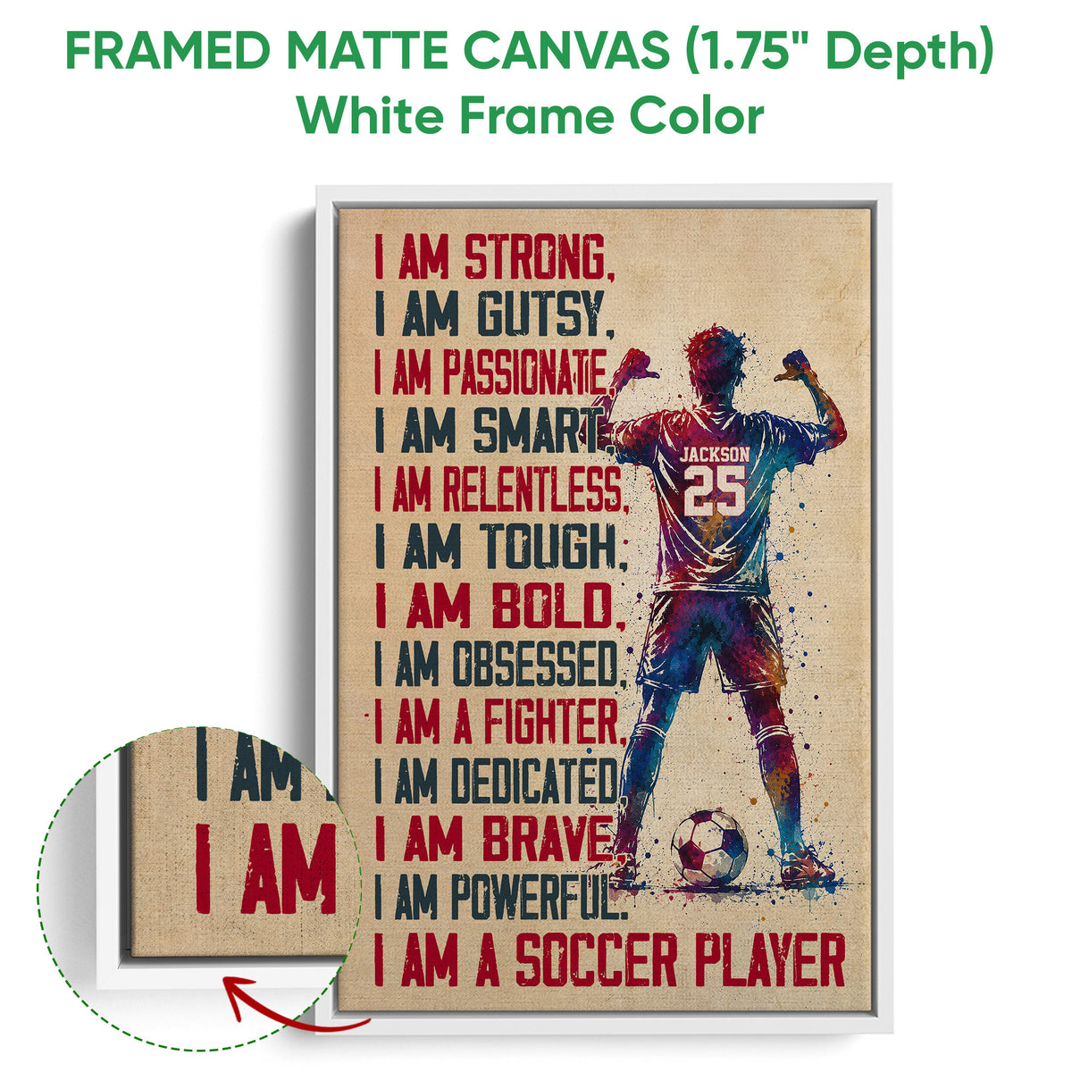 Framed matte canvas soccer wall art shown with a white frame and close-up edge detail