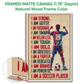 Framed matte canvas soccer wall art shown with a natural wood frame and textured edge detail