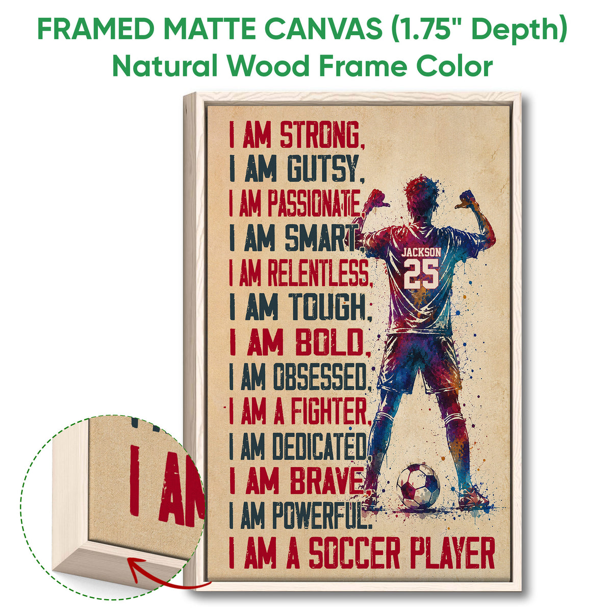 Framed matte canvas soccer wall art shown with a natural wood frame and textured edge detail