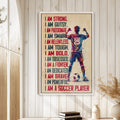Soccer wall art displayed in a bright room with wood paneling, books, and neutral home decor
