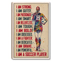 Framed soccer wall art featuring a colorful female player with a ball and motivational athletic design