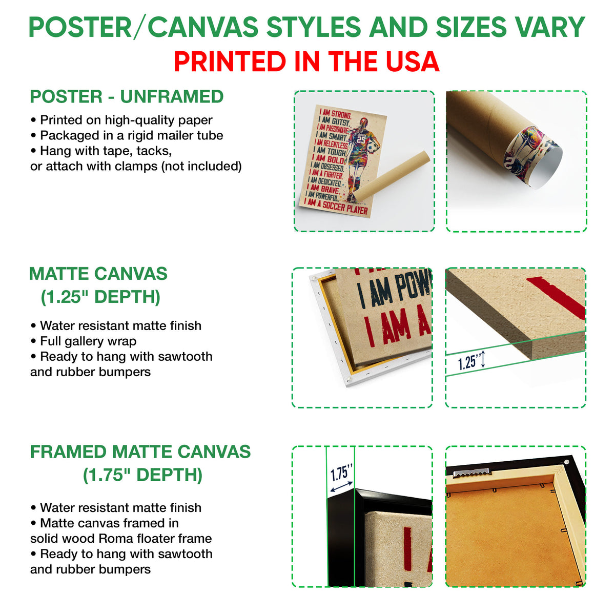 Poster and canvas wall art option guide showing unframed poster, matte canvas, and framed canvas formats