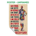 Unframed soccer poster with a colorful female player, soccer ball, and bold motivational typography