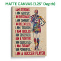 Matte canvas soccer wall art featuring a colorful female player and bold red and navy motivational lettering