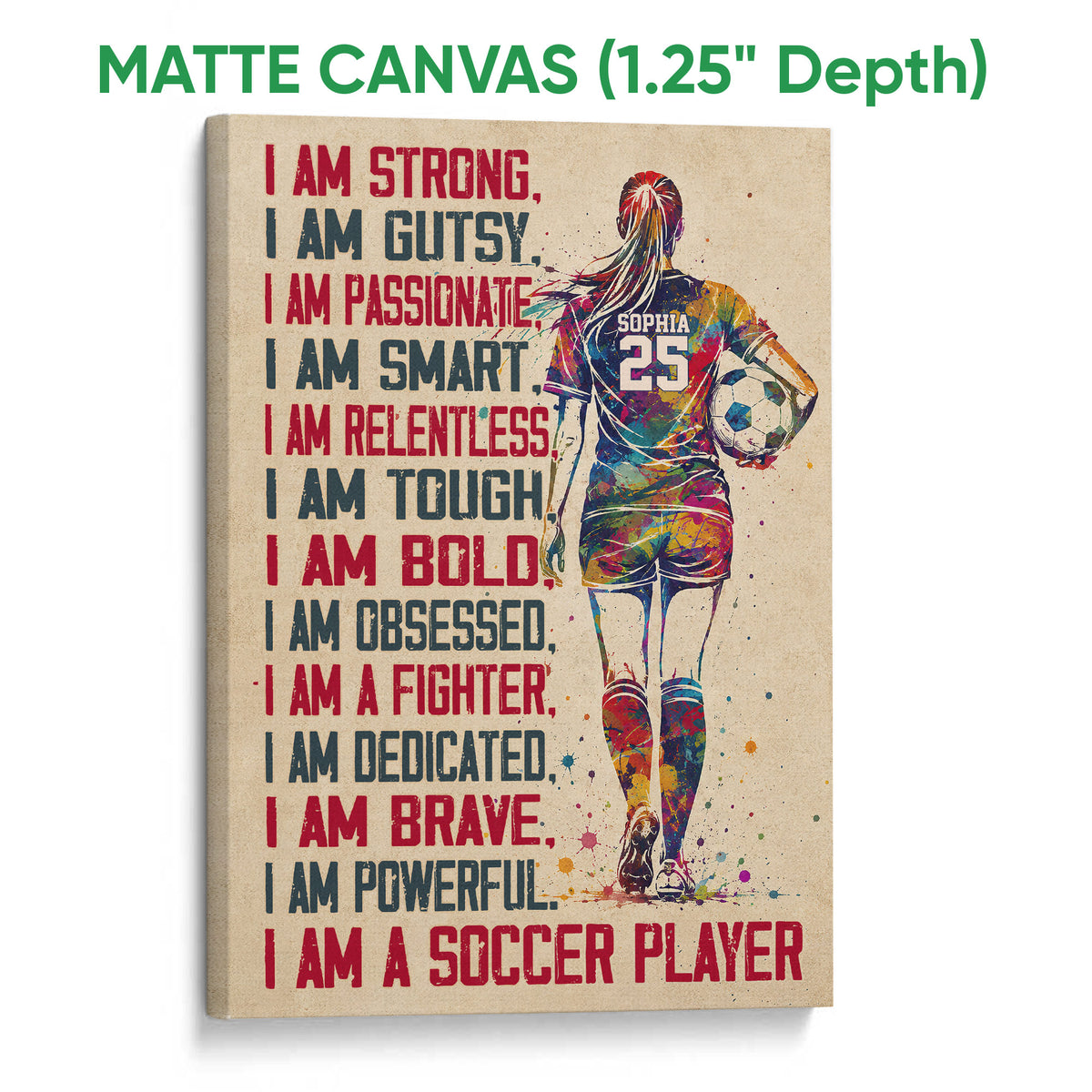 Matte canvas soccer wall art featuring a colorful female player and bold red and navy motivational lettering
