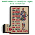 Framed soccer canvas wall art shown with a black frame and colorful player artwork