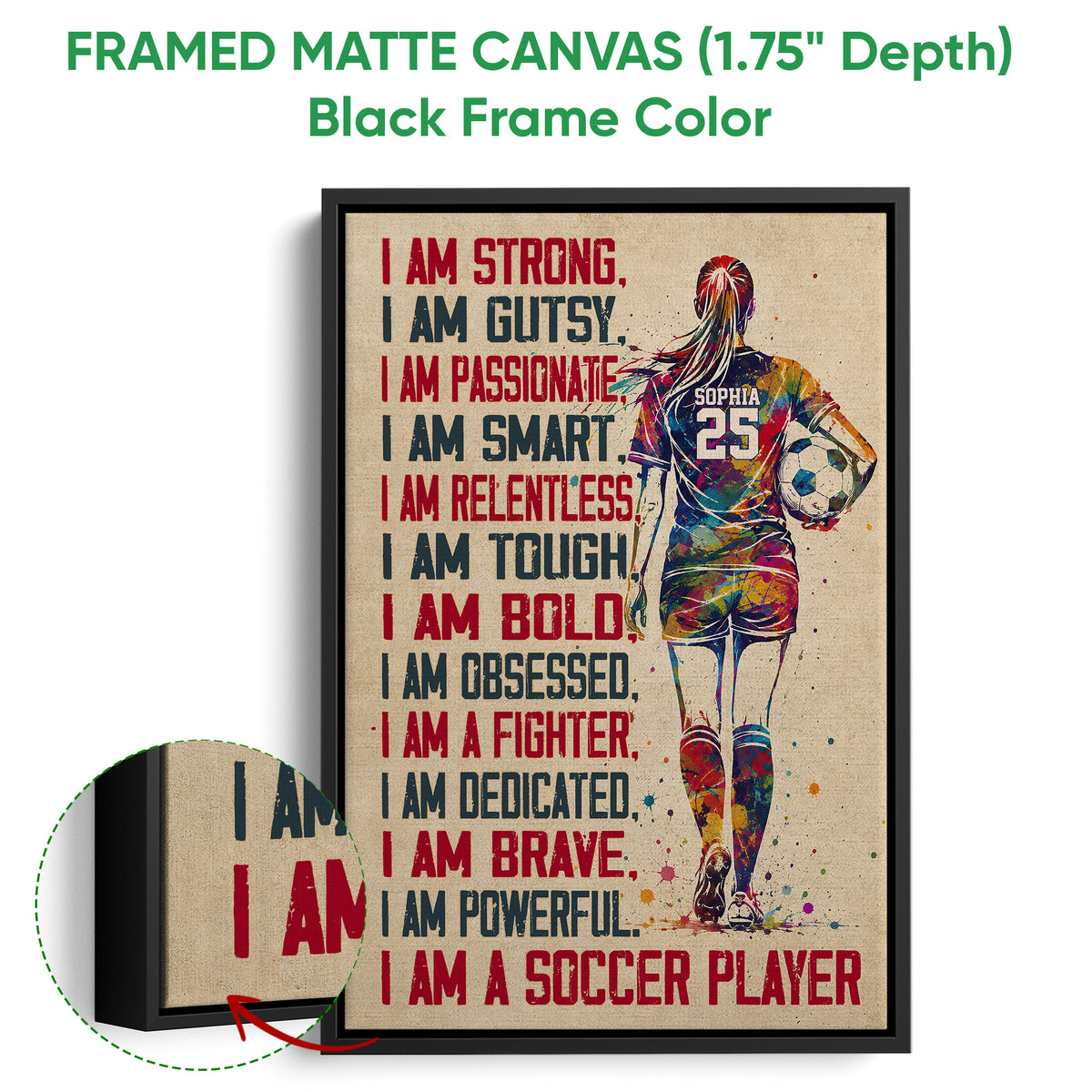 Framed soccer canvas wall art shown with a black frame and colorful player artwork