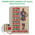 Framed soccer canvas wall art shown with a white frame and colorful motivational player design