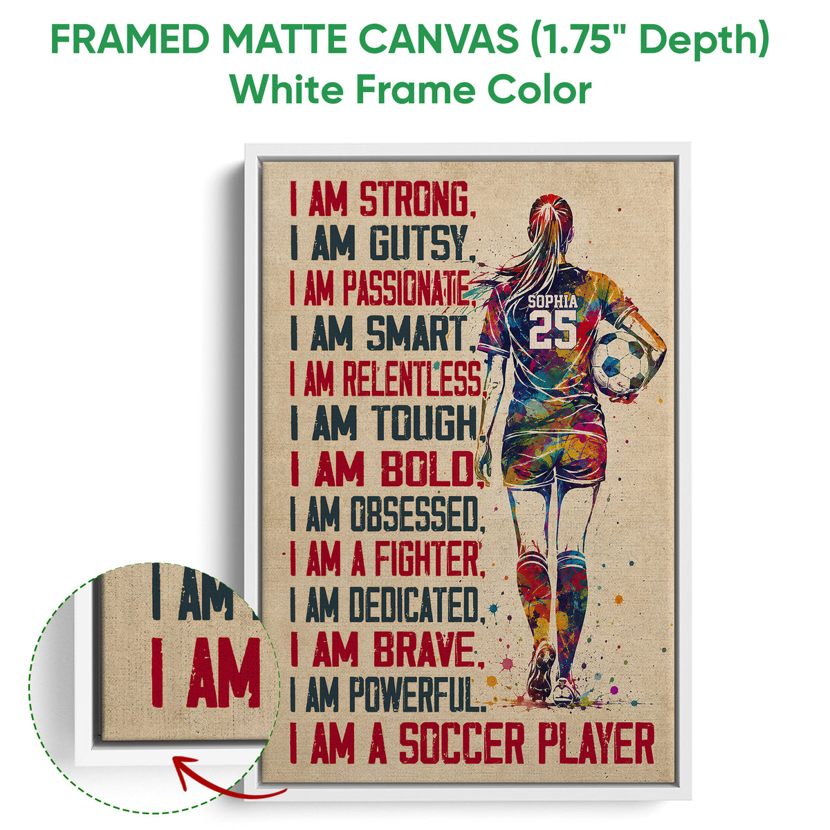 Framed soccer canvas wall art shown with a white frame and colorful motivational player design